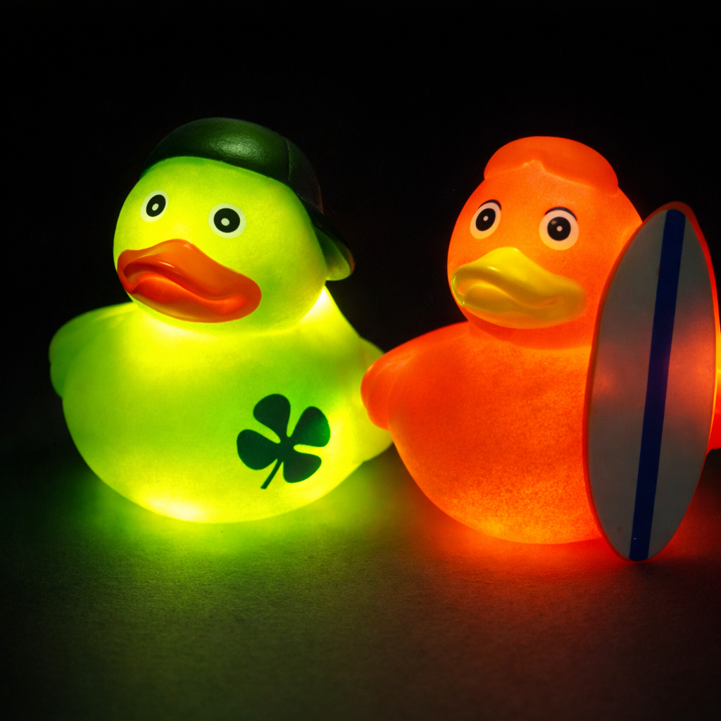 Light-Up LED Designer Rubber Ducks with on/off switches-100 ct.-15+ designs(2 - 2 1/2 inches)- $69 for 100 ducks!