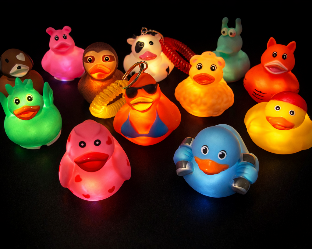 Light-Up LED Designer Rubber Ducks with on/off switches-100 ct.-15+ designs(2 - 2 1/2 inches)- $69 for 100 ducks!
