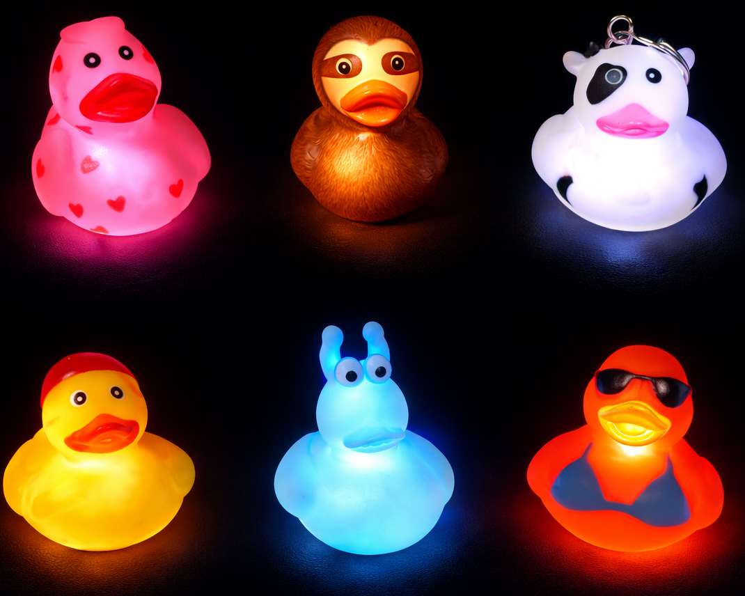 Light-Up LED Designer Rubber Ducks (15 + designs) with On/Off Switches(2 - 2 1/2 inches)- 50 ct- .85 ea- $42.50 for 50 ducks
