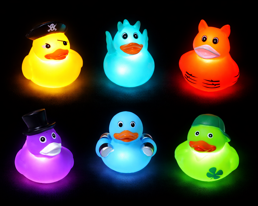 Light-Up LED Designer Rubber Ducks with on/off switches-100 ct.-15+ designs(2 - 2 1/2 inches)- $69 for 100 ducks!